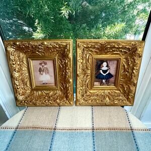 Pair of Vintage Bombay Ornate Gold Frames with Victorian Child Prints